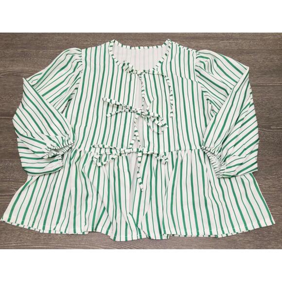 Amazon Tops - Amazon White Green Striped Lace Up Puff Sleeve Peplum Blouse Women Size Small